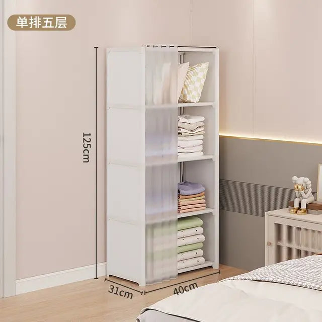 Portable Closet Wardrobe, Bedroom Clothes Closet Storage Organizer-Multi Storage Shelves, White Non-Woven Fabric Curtain
