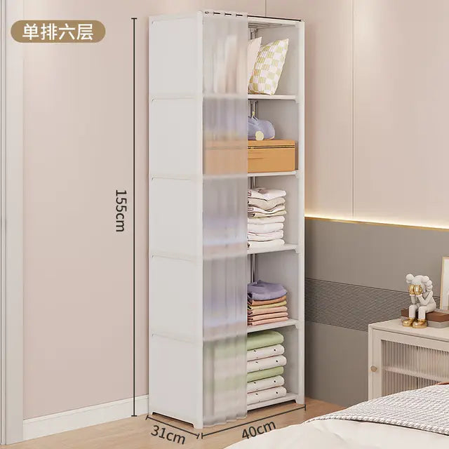 Portable Closet Wardrobe, Bedroom Clothes Closet Storage Organizer-Multi Storage Shelves, White Non-Woven Fabric Curtain