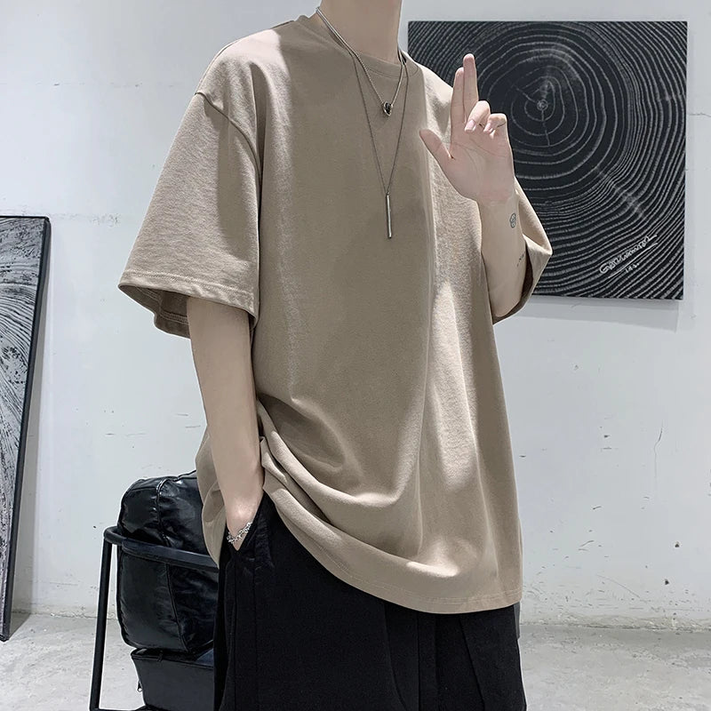 100% Cotton Short Sleeve Summer Oversized T-shirt For Men Solid Color Casual
