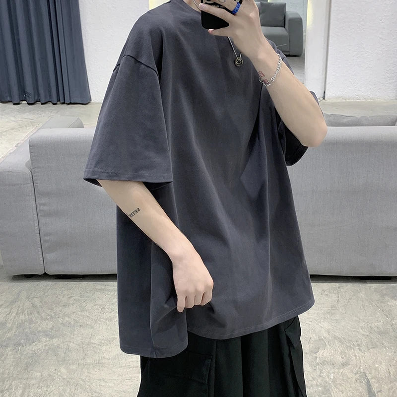 100% Cotton Short Sleeve Summer Oversized T-shirt For Men Solid Color Casual