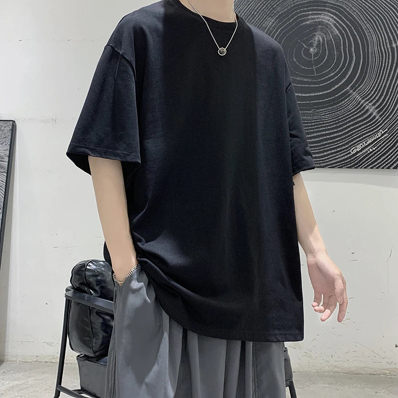 100% Cotton Short Sleeve Summer Oversized T-shirt For Men Solid Color Casual
