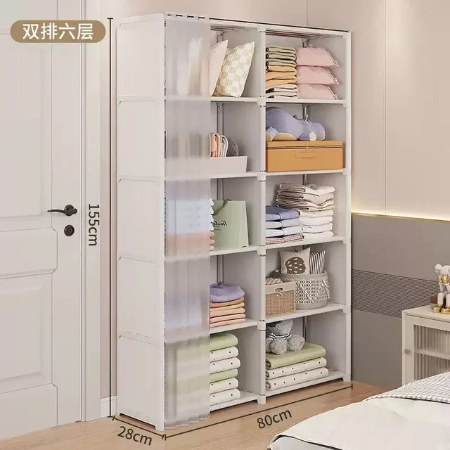 Portable Closet Wardrobe, Bedroom Clothes Closet Storage Organizer-Multi Storage Shelves, White Non-Woven Fabric Curtain