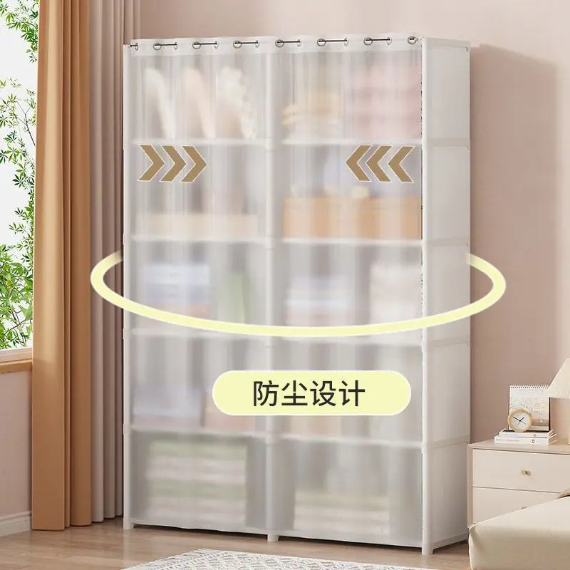 Portable Closet Wardrobe, Bedroom Clothes Closet Storage Organizer-Multi Storage Shelves, White Non-Woven Fabric Curtain