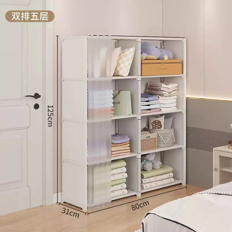 Portable Closet Wardrobe, Bedroom Clothes Closet Storage Organizer-Multi Storage Shelves, White Non-Woven Fabric Curtain