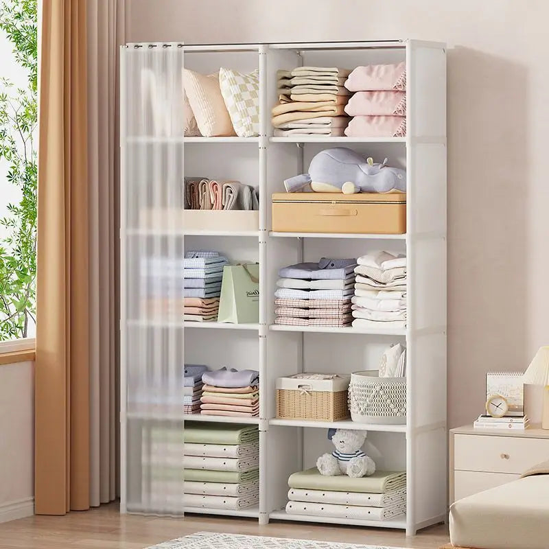 Portable Closet Wardrobe, Bedroom Clothes Closet Storage Organizer-Multi Storage Shelves, White Non-Woven Fabric Curtain