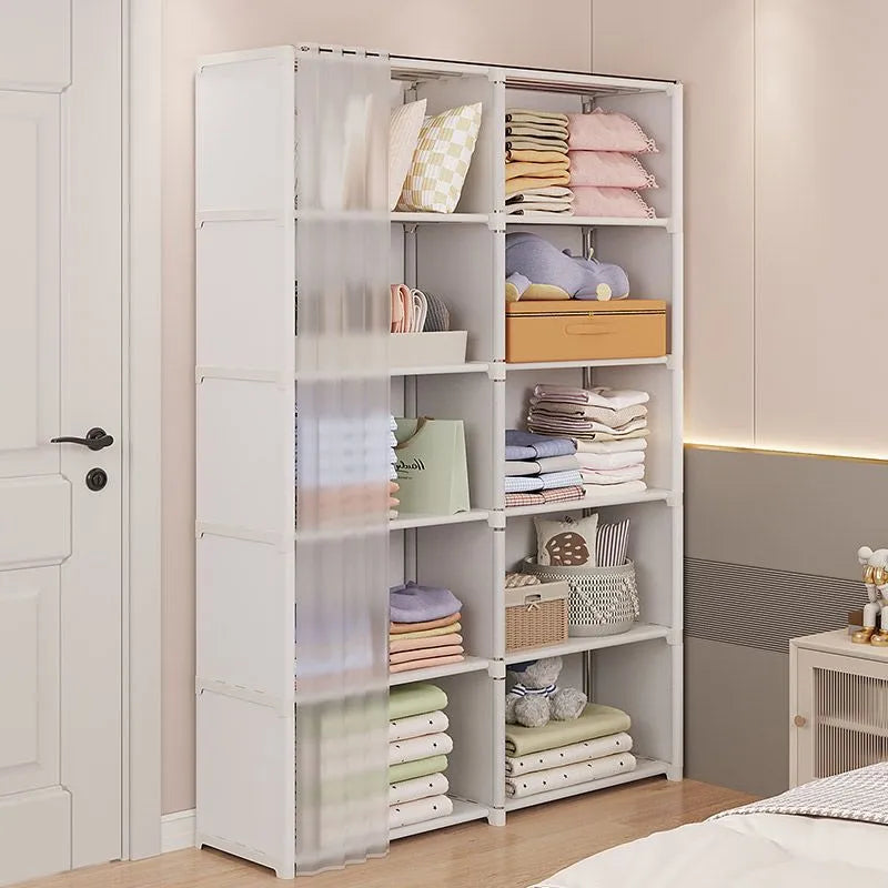 Portable Closet Wardrobe, Bedroom Clothes Closet Storage Organizer-Multi Storage Shelves, White Non-Woven Fabric Curtain
