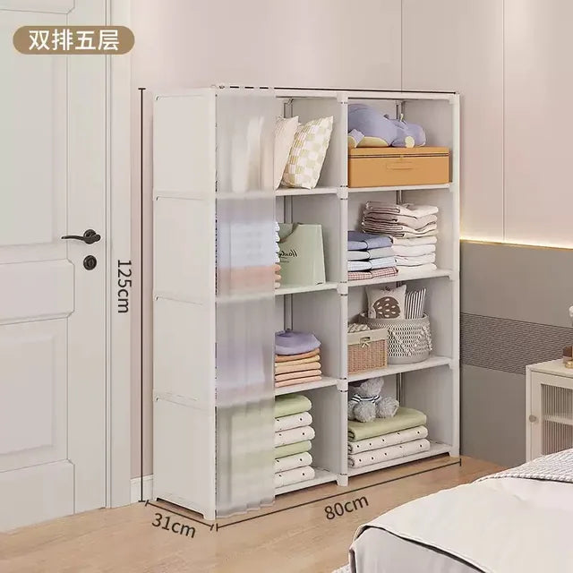 Portable Closet Wardrobe, Bedroom Clothes Closet Storage Organizer-Multi Storage Shelves, White Non-Woven Fabric Curtain