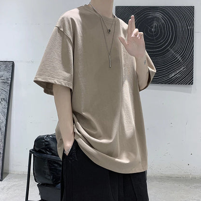 100% Cotton Short Sleeve Summer Oversized T-shirt For Men Solid Color Casual