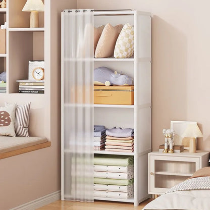 Portable Closet Wardrobe, Bedroom Clothes Closet Storage Organizer-Multi Storage Shelves, White Non-Woven Fabric Curtain