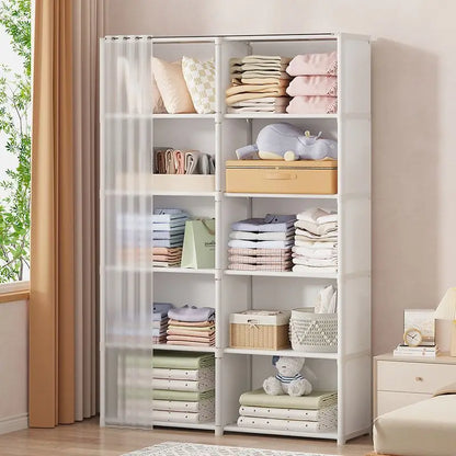 Portable Closet Wardrobe, Bedroom Clothes Closet Storage Organizer-Multi Storage Shelves, White Non-Woven Fabric Curtain