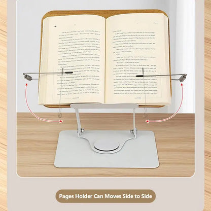 Book Stand for Reading, Aboutool Adjustable Book Holder with 360° Swivel Base & Page Clips, Foldable Cookbook Stand Textbook Stand for Music Scores, Recipe, Tablet, Laptop, Textbook